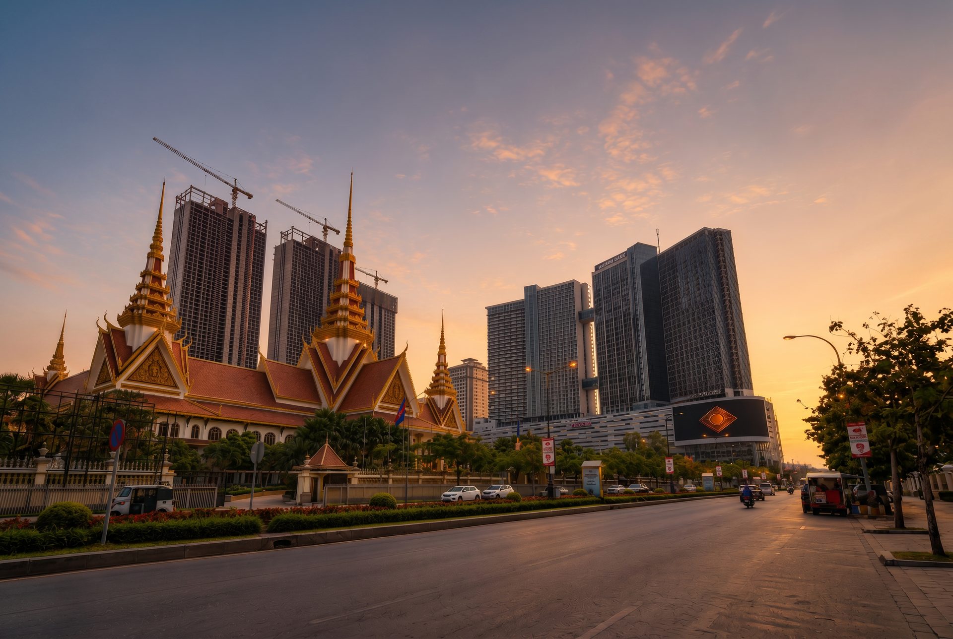 Phnom Penh skyline at dusk with National Assembly and modern towers